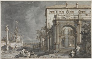 Capriccio: Ein Palast mit einem Hof am Lagune von Antonio Canaletto