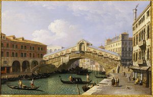 Die Rialtobrücke in Venedig von Süden mit der Fondamenta Del Vin und dem Fondaco Dei Tedeschi