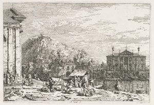 Ansichten: Eine Stadt jenseits eines Flusses, 1735-1746 von Giovanni Antonio Canal
