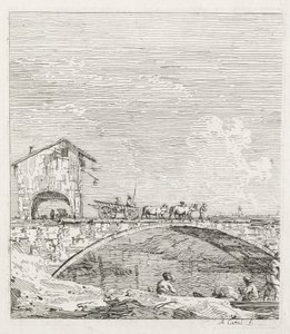 Ansichten: Ein Wagen überquert eine Brücke, 1735-1746 von Giovanni Antonio Canal