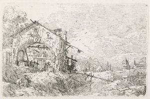 Ansichten: Eine Frau, die Wasser unter einem Bogen schöpft von Antonio Canaletto