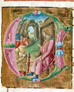 Herodes I. der Große befiehlt das Massaker an unschuldigen Lettrinen, illuminiert von Antonio Cicognari. Detail eines Antiphonars. 1483. Cremone, choral 4, capitolo del duomo