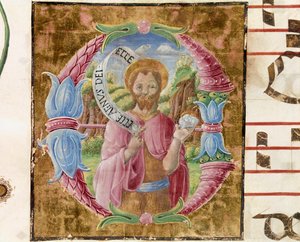 Johannes der Täufer Lettrine, illuminiert von Antonio Cicognari. Detail eines Antiphonars. 1483. Cremone, choral 4, capitolo del duomo