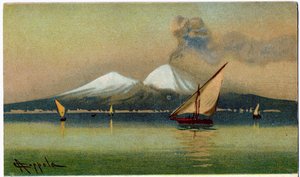 Geographie. Vulkan Vesuv und die Bucht von Neapel. Illustration von A. Coppola, Italien, ca. 1920 von Antonio Coppola