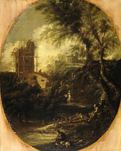 Landschaft mit Einsiedler, Pilger und Bäuerin