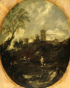 Landschaft mit Mönchen, Pilger und Bäuerin
