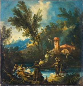 Waldige Flusslandschaft mit Figuren