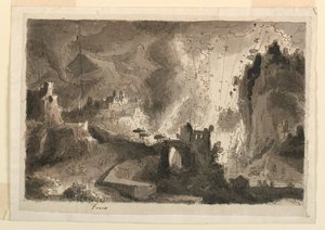 Bühnenbild, brennende Stadt
