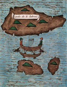 Islas de los Ladrones (heute Marianeninseln), kolorierter Holzschnitt aus Relazione del primo viaggio intorno al mondo con Ferdinando Magellano