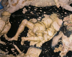 Ritterliches Thema (Detail) aus dem Turnier-Schlacht von Louvezerp, von Antonio Pisanello von Antonio Pisanello