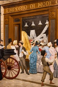 Die Epoche, Detail von Frauen, die ein Schaufenster betrachten, ein Stadtausrufer und ein Junge