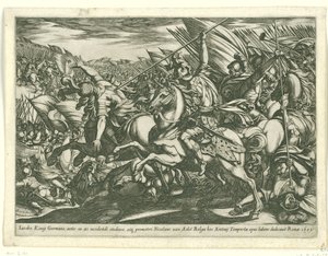 Angriff der Kavallerie mit zwei von Speeren durchbohrten Männern