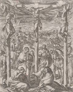 Christus gekreuzigt zwischen den beiden Dieben, die drei Marien am Fuß des Kreuzes, 1612 von Antonio Tempesta