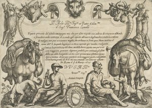 Frontispiz mit Jägern, Hunden und Pferden (aus 