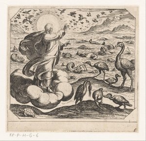 Gott erschafft die Vögel und die Fische