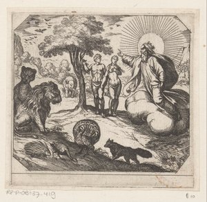 Gott verbietet Adam und Eva, vom Baum der Erkenntnis zu essen
