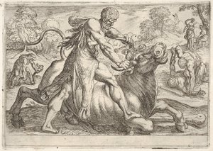 Herkules und Achelous: in der Mitte greift Herkules die Hörner eines Stiers, während er seine rechte Hand drückt..., 1608 von Antonio Tempesta