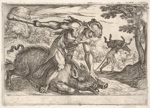 Herkules und der Erymanthische Eber: Herkules hält die Schnauze des Ebers mit seiner linken Hand nieder (1608) von Antonio Tempesta