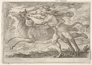 Herkules und die Hirschkuh vom Berg Cerynea: Herkules schreitet neben der Hirschkuh und greift nach den..., 1608 von Antonio Tempesta