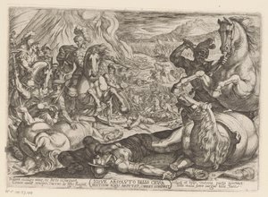 Josua lähmt die Pferde und verbrennt die Wagen der Völker (Iosue absoluto bello crura hostium equis amputat, currus comburit, Alttestamentliche Kampfszenen) von Antonio Tempesta