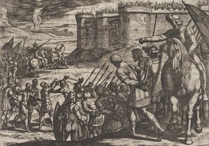 Tafel 16: Römische Gefangene vor der alten Festung, aus Der Krieg der Römer gegen die B..., 1611