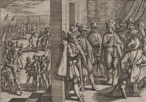 Tafel 18: Geheimes Treffen von Civilis mit anderen Führern aus Trier, aus Der Krieg der Römer, 1611 von Antonio Tempesta