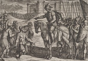 Tafel 19: Männer von der Festung ergeben sich und schwören Civilis die Treue, aus Der Krieg...