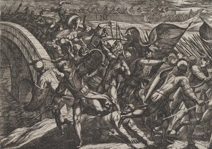 Tafel 27: Die Niederländer während eines Überraschungsangriffs auf das römische Lager an der Mosel, aus The Wa..., 1611