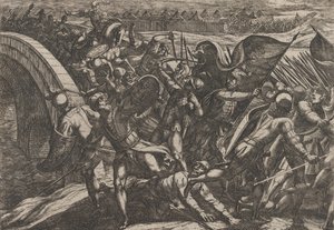 Tafel 27: Die Niederländer während eines Überraschungsangriffs auf das römische Lager an der Mosel, aus The Wa..., 1611