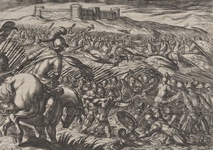 Tafel 29: Civilis überflutet das Land, indem er die Deiche verteidigend bricht, aus Der Krieg der R... , 1611