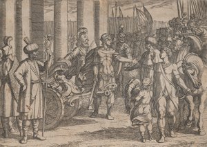 Tafel 2: Alexander durchtrennt den Gordischen Knoten, aus Die Taten Alexanders des Großen, 1608