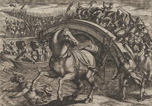 Civilis wird gezwungen abzusteigen und den Fluss zu durchschwimmen, aus Der Krieg der Römer von Antonio Tempesta
