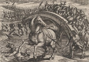 Civilis gezwungen abzusteigen und den Fluss zu durchschwimmen, aus Der Krieg der Römer, 1611 von Antonio Tempesta