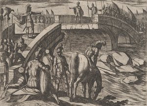 Tafel 36: Civilis und Cerialis treffen sich auf einer zerstörten Brücke, um eine Einigung zu erzielen, aus Der Krieg der..., 1611 von Antonio Tempesta
