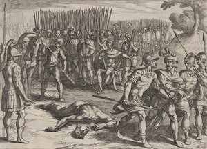 Tafel 3: Claudius Civilis verhaftet und sein Bruder Paulus enthauptet, aus Der Krieg der Ro..., 1611