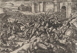 Tafel 9: Die Römer von den niederländischen Truppen bei Bonna besiegt, aus Der Krieg der Römer gegen..., 1611