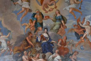 Königin Anne umgeben von einer Vielzahl personifizierter Tugenden, Detail der Decke des Queen