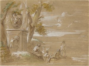 Landschaft mit sitzenden Soldaten und Fischern
