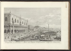 Ecke des Markusplatzes mit dem Dogenpalast und der Säule mit dem Löwen von Venedig