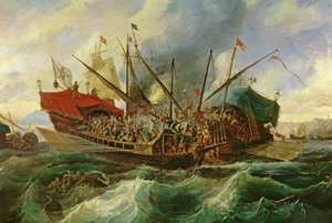 Die Seeschlacht von Lepanto zwischen der Heiligen Liga und den Türken 1571 (Detail) von Antonio de Brugada