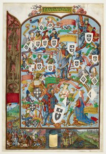 Stammbaum der Könige von Portugal, der die Abstammung von Sancho Capello und Alfonso III. zeigt. Unterer Rand: die Schlacht von Salado im Jahr 1340