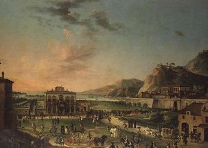 Ein Capriccio-Panorama der Reise von Karl III., König der beiden Sizilien, von seiner Villa in Portici zum Palazzo Farnese in Rom von Antonio de dipi (attr. to) Joli