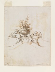 Zwei Putti neben einer Vase mit Blumen
