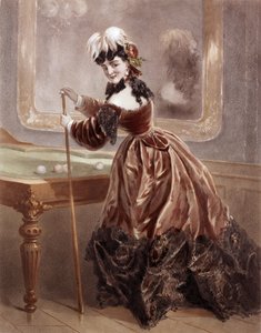 Eine Kurtisane zur Zeit des 2. Kaiserreichs beim Billardspielen (Farbstich) von Antony Paul Emile Morlon