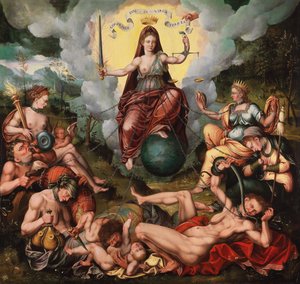 Justitia besiegt die sieben Todsünden, ca. 1600 von Antoon Claeissens