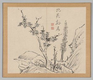 Doppelalbum mit Landschaftsstudien nach Ikeno Taiga, Band 2 Blatt 13, 18. Jahrhundert von Aoki Shukuya