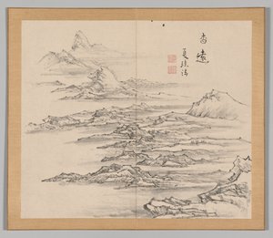 Doppelalbum mit Landschaftsstudien nach Ikeno Taiga, Band 2 Blatt 5, 18. Jahrhundert von Aoki Shukuya