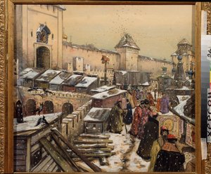 Moskau im 17. Jahrhundert, Buchläden auf der Christus-Erlöser-Brücke von Apollinari Mikhailovich Vasnetsov