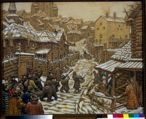 Musiker und Bärenführer auf einer Straße in Moskau im 17. Jahrhundert von Apollinari Mikhailovich Vasnetsov