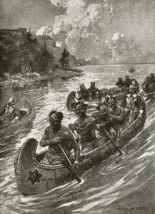 Samuel De Champlain im Jahr 1608, den St.-Lorenz-Strom in den Kanus freundlicher amerikanischer Ureinwohner hinaufsteigend (Lithografie) von Archibald Bertram (after) Webb